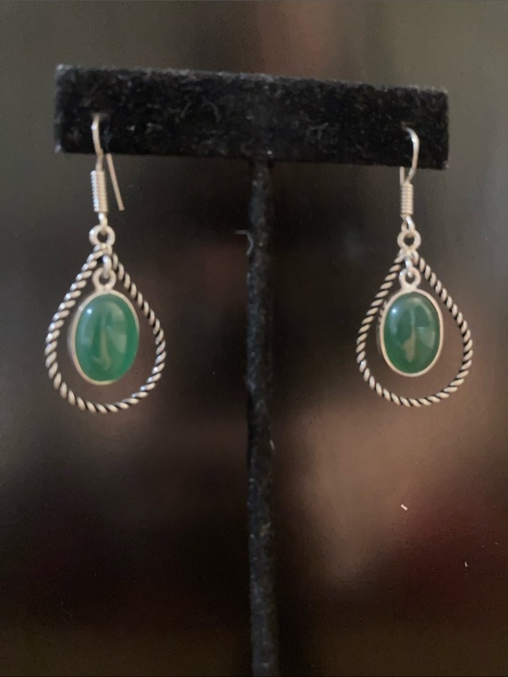 Silver Teardrop Earrings with Green Gemstone - Unbranded